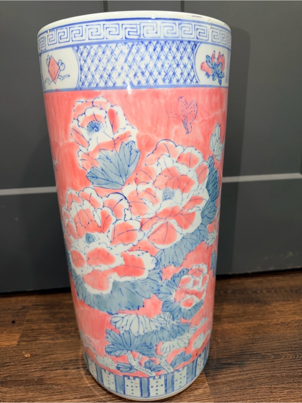 MCM Chinoiserie Porcelain Coral Pink and Blue Umbrella Stand And Vase